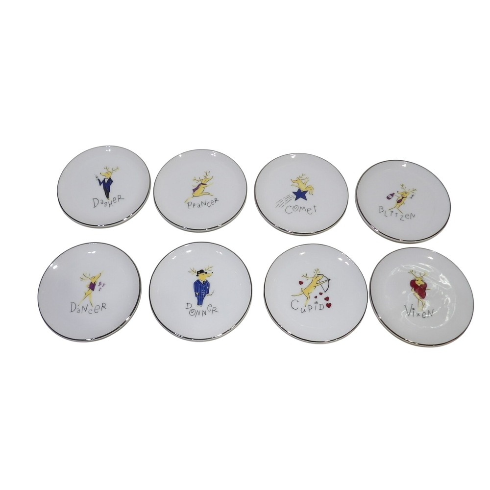 Pottery Barn Reindeer Appetizer Plates Set of 8 Christmas Holiday Japan White